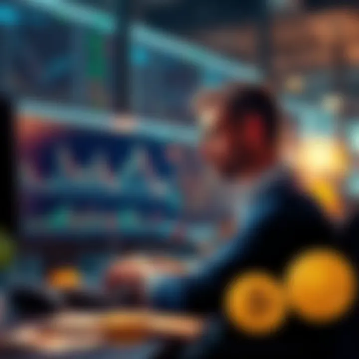 Bitcoin investment concept A businessman looking at a computer screen displaying Bitcoin charts and deposit limits, with dollar bills and Bitcoin coins around him.