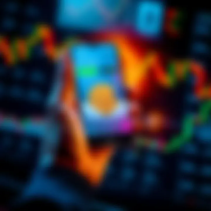 A person holding a smartphone displaying Bitcoin price, with financial charts in the background.