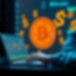 A person analyzing Bitcoin trends on a laptop, with a Bitcoin symbol and dollar signs in the background, representing investment and belief in cryptocurrency value.