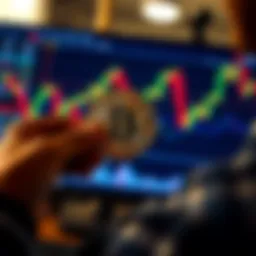 A person holding a physical Bitcoin while looking at a fluctuating stock market chart on a screen, symbolizing investment confidence during bear markets.
