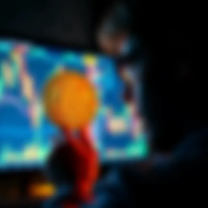 A person examining a Bitcoin on a digital screen, reflecting interest in cryptocurrency, with market charts in the background.