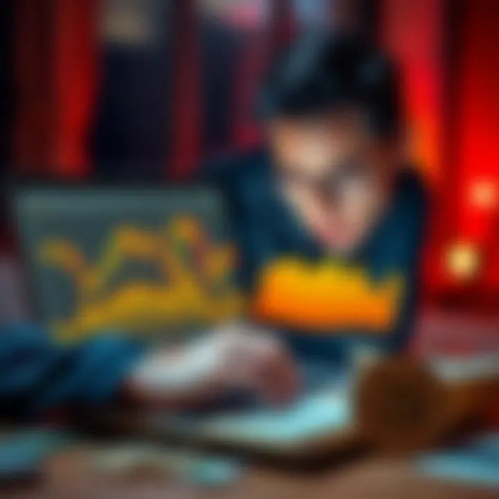 Bitcoin Investment Concerns A worried first-time investor looks at a chart showing Bitcoin value fluctuations on a laptop screen, with money notes nearby.