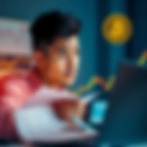 A person looking at a Bitcoin chart with a worried expression, surrounded by financial documents and a laptop.