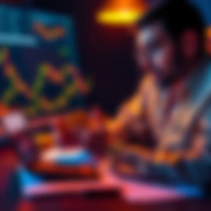 A thoughtful investor looking at a Bitcoin chart and weighing financial options with a calculator and papers on the table.