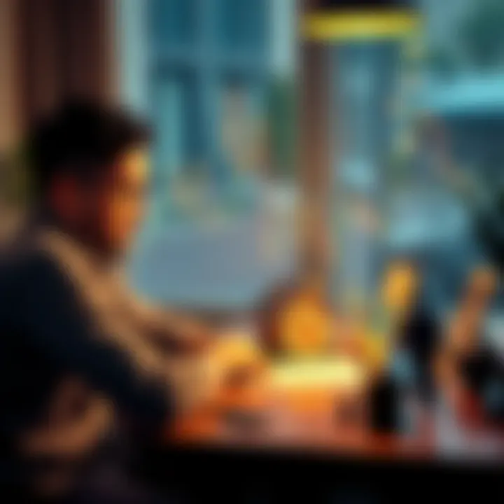 A person looking at a Bitcoin chart while sitting at a table with a house model and family pictures around, representing the decision to sell property for Bitcoin investment