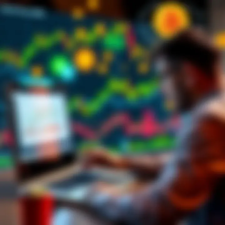 A person analyzing Bitcoin charts on a laptop, with cryptocurrency icons and graphs in the background, representing investment choices and strategies.
