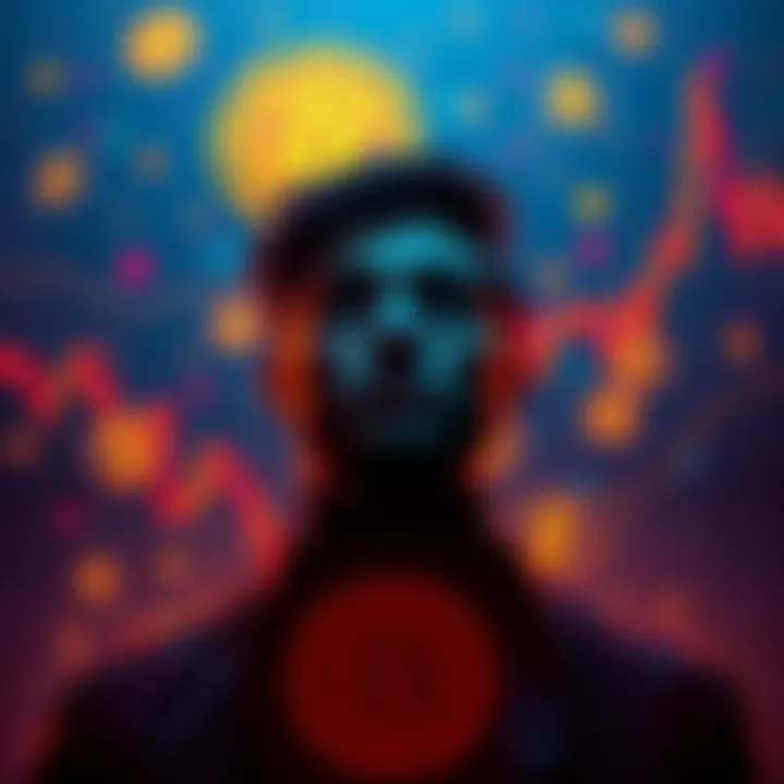 A person contemplating investing in Bitcoin, surrounded by financial charts and currency symbols, reflecting market trends.