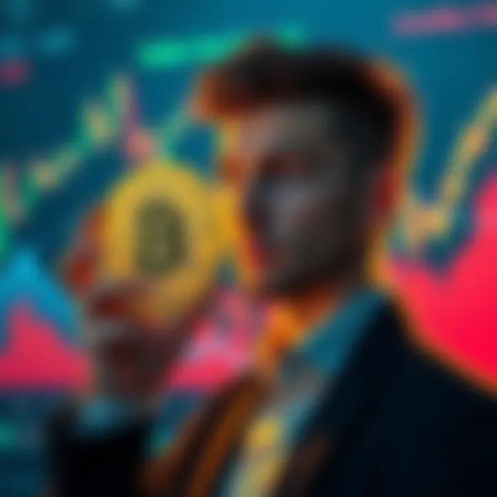 Bitcoin Investment Decision A person considering two investment options: buying Bitcoin directly or dollar-cost averaging with monthly payments, with relevant financial charts in the background.