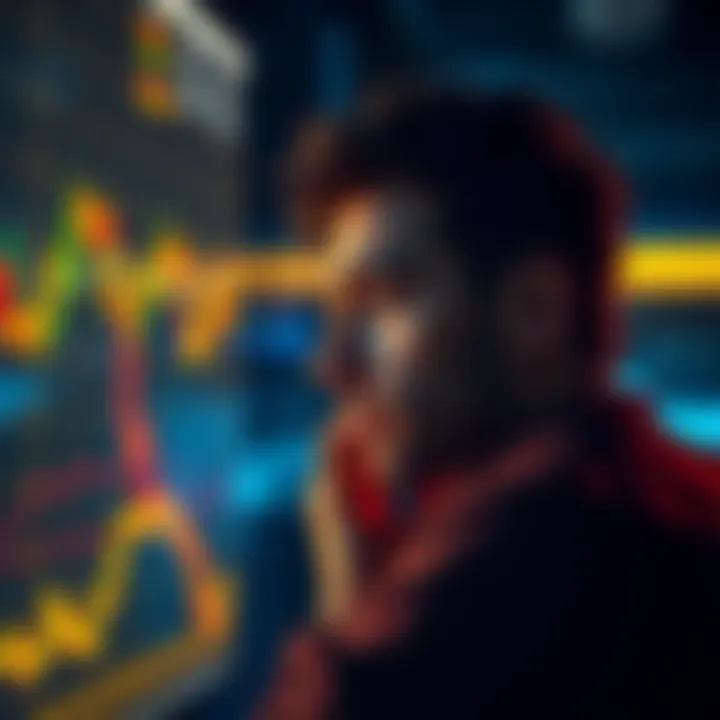 Bitcoin Investment Decision A person looking at Bitcoin charts with a thoughtful expression, contemplating an investment decision regarding altcoins and Bitcoin during a market slump.