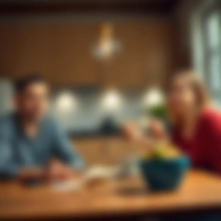 A man discussing Bitcoin investment with his brother-in-law and sister at a kitchen table, showing a confident expression while holding a $5,000 cash note, suggesting a safety net for the investment.