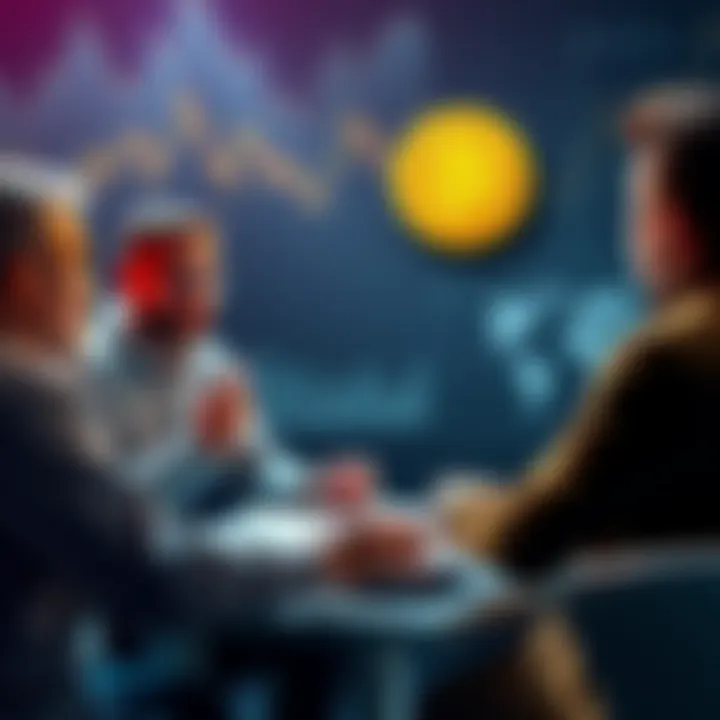 A group of people engaging in a discussion about their Bitcoin investment strategies, with one person sharing their dollar-cost averaging percentage, surrounded by charts and graphs.