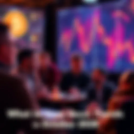 A group of people engaged in a lively discussion about Bitcoin investment trends with charts and graphs visible.