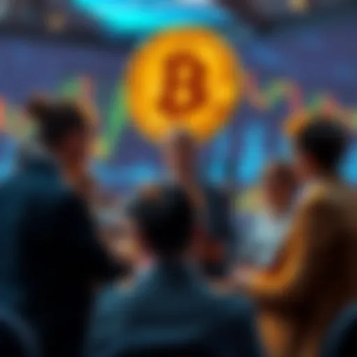 A group of people discussing bitcoin investment options, with charts and graphs in the background showing market trends.