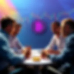 A group of investors discussing Bitcoin strategies with graphs and charts around them.