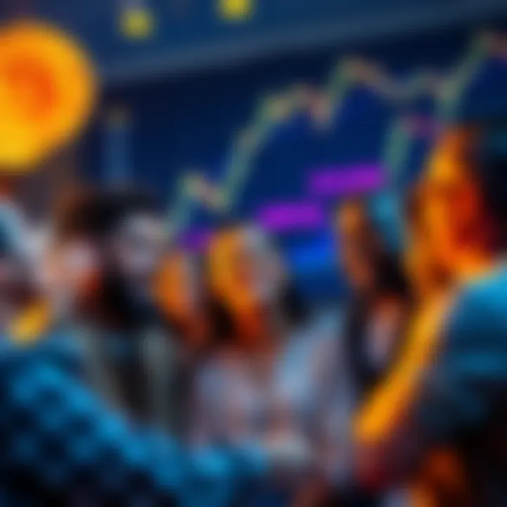 A group of diverse people discussing Bitcoin investment, showing excitement and engagement, with rising price charts in the background.