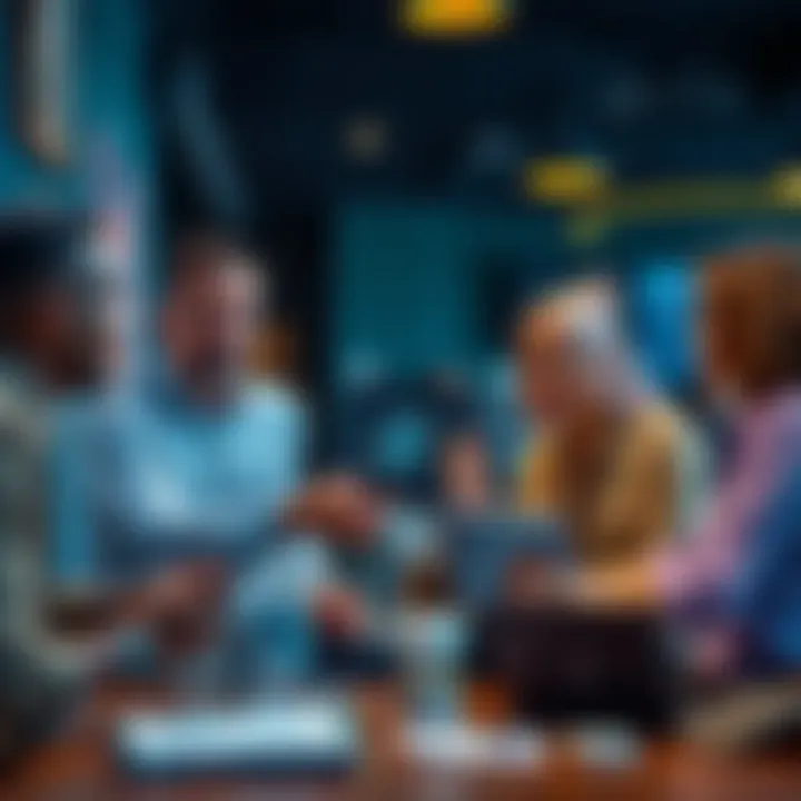 Bitcoin Investment Funding A group of diverse people discussing Bitcoin investment strategies in a casual setting with charts and laptops.