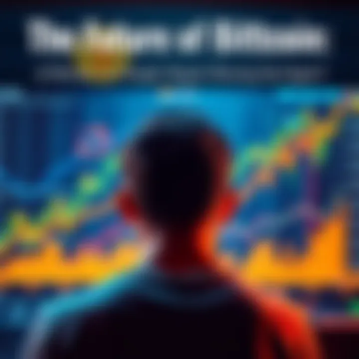 A person contemplating Bitcoin investments with charts and graphs in the background showing potential growth and risks.