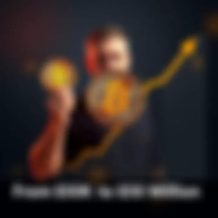 Bitcoin Investment Growth A man holding a Bitcoin symbol stands next to a graph showing a steep rise in value from $50K to $50 million over 12 years.