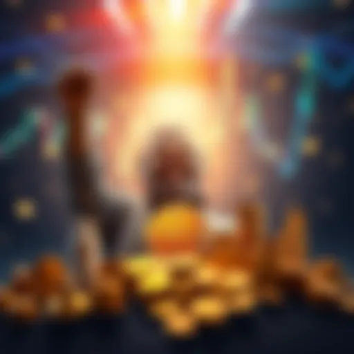 A person celebrating their Bitcoin investment success, surrounded by coins and a graph showing upward trends.