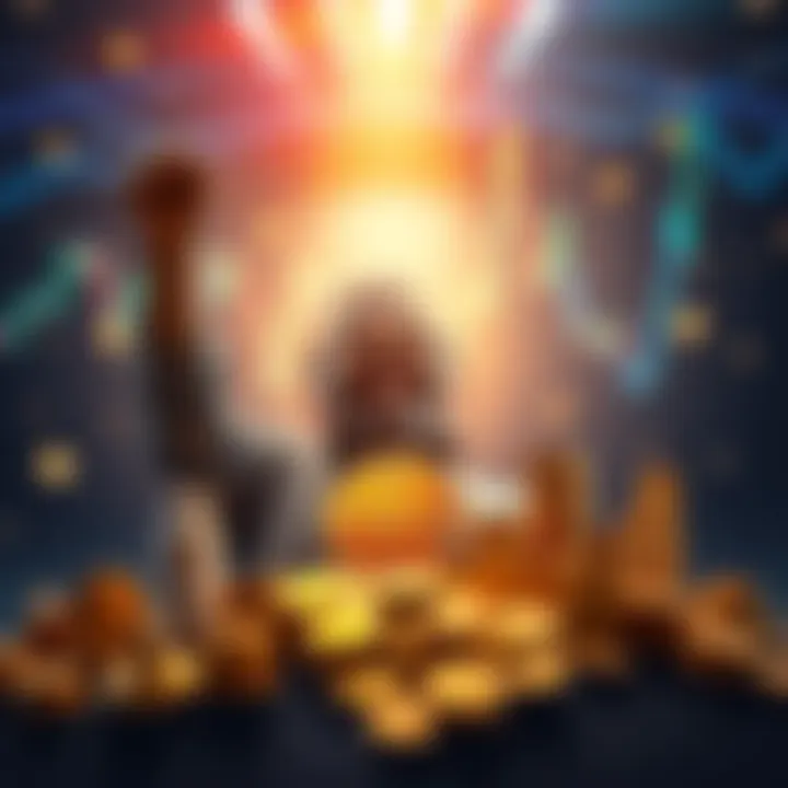 A person celebrating their Bitcoin investment success, surrounded by coins and a graph showing upward trends.