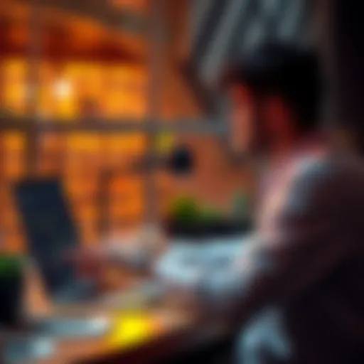 A person sitting at a desk researching Bitcoin investments on a laptop, with financial charts and graphs visible on the screen.