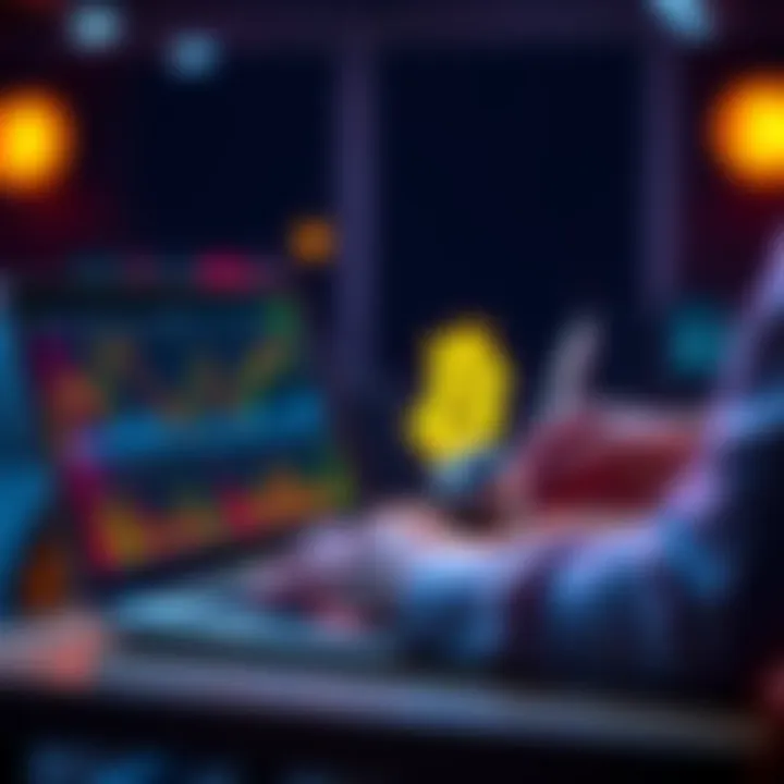 A beginner reviewing Bitcoin investment tips on a laptop with charts and cryptocurrency symbols visible