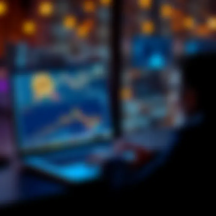 Individual looking at a laptop with Bitcoin graphics and investment charts on the screen, contemplating their investment in cryptocurrency.