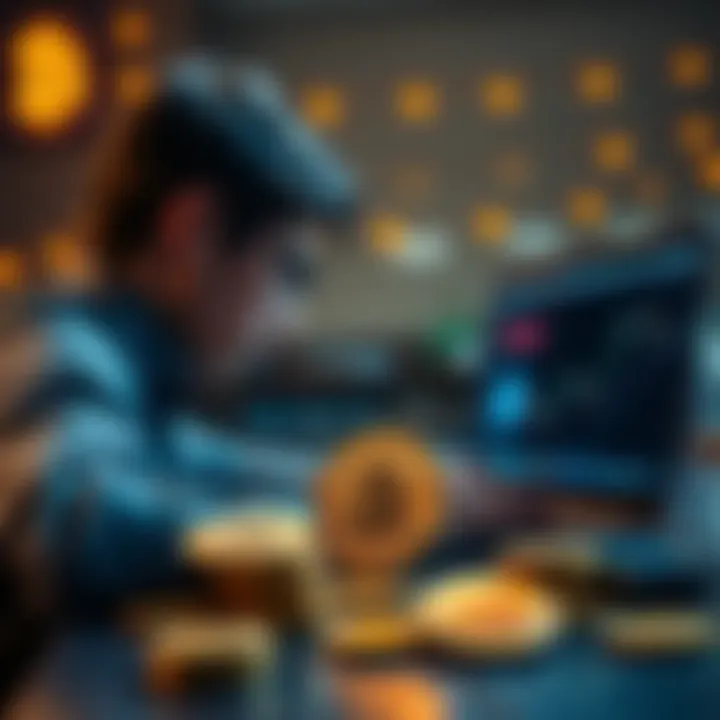 A person looking at a chart on a laptop with Bitcoin coins in the foreground, symbolizing investing in cryptocurrency.