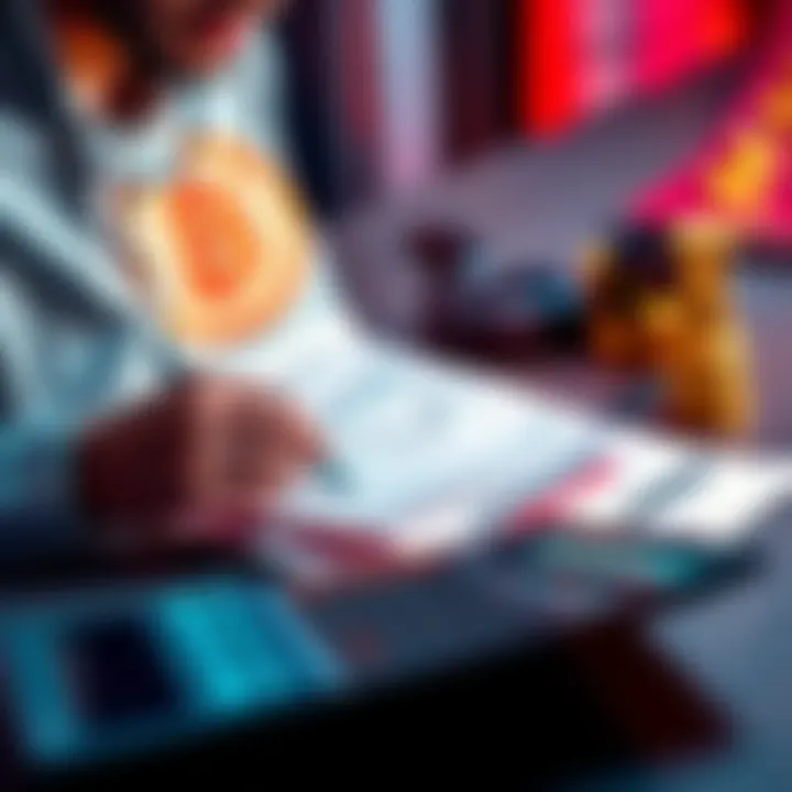 A person analyzing Bitcoin trends with loan documents and a calculator on the table, showing financial growth