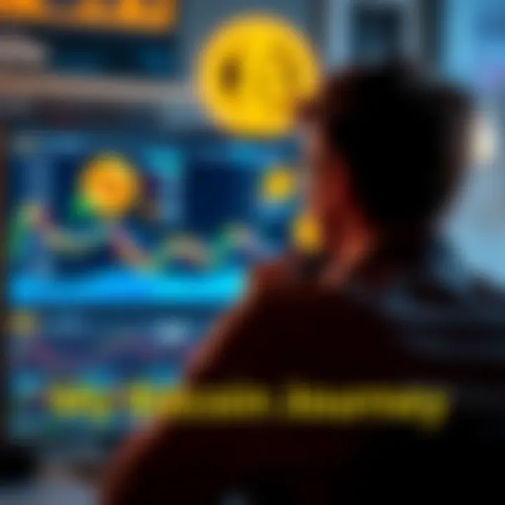 Bitcoin Investment Journey A person reflecting on their investment strategy with Bitcoin in front of a computer displaying Bitcoin charts and graphs
