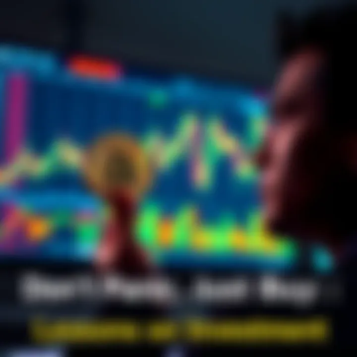 A person holding a Bitcoin in one hand while looking at fluctuating market charts on a screen with a calm expression, symbolizing patience in investing.