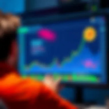 A person looking at a chart showing rising Bitcoin prices on a digital screen, symbolizing investment potential.