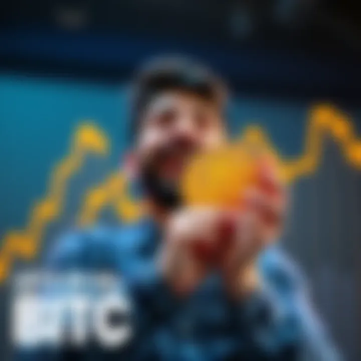 A person looking excited while holding a Bitcoin token, with a rising graph in the background.