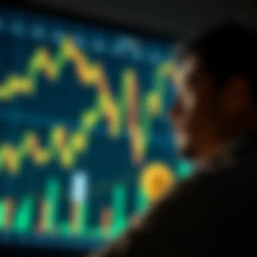 A person contemplating investment in Bitcoin while looking at a chart showing Bitcoin prices trending up and down