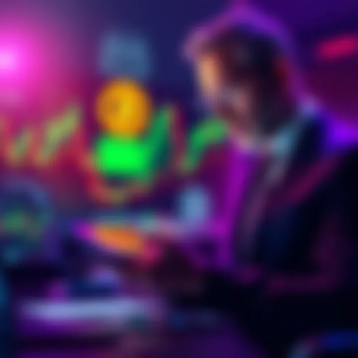 A businessman analyzing Bitcoin market trends on a tablet with charts and graphs in the background