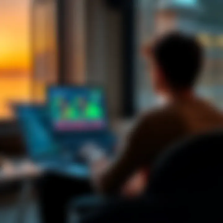 A person sitting calmly with a laptop showing Bitcoin charts on the screen, illustrating the concept of holding and dollar-cost averaging in investments.