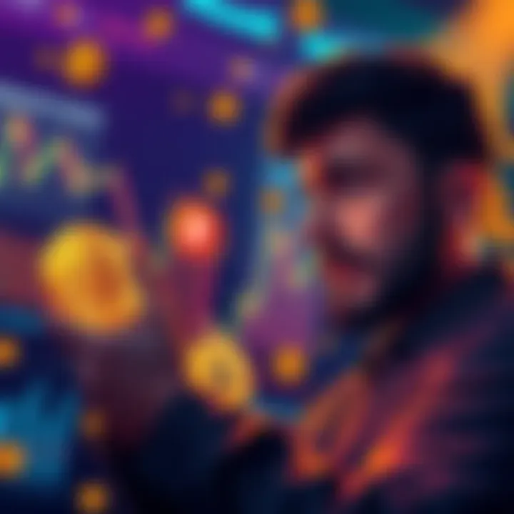 A person looking at a chart showing Bitcoin price dip with a hopeful expression, planning to invest in half a Bitcoin, surrounded by cryptocurrency symbols