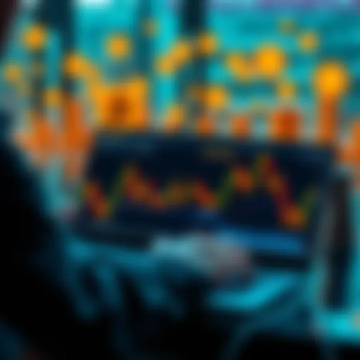 A person analyzing Bitcoin market charts and trends on a laptop with cryptocurrency symbols in the background.