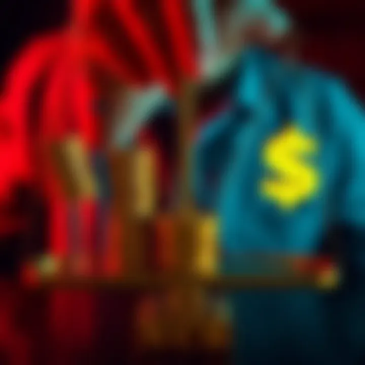 A person weighing two options: a stack of Bitcoin coins and a steady dollar sign, illustrating dollar-cost averaging vs going all in.