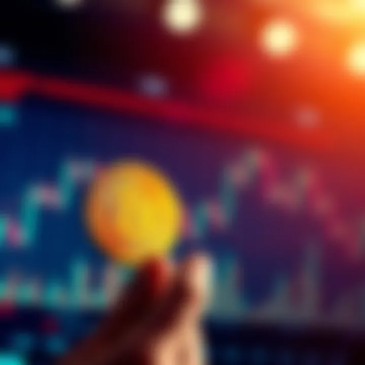 A person holding a Bitcoin while considering investment options, with a chart showing fluctuating prices in the background.