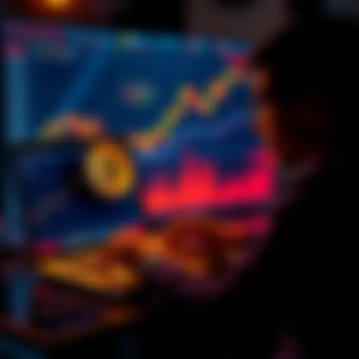 A person analyzing Bitcoin trends on a laptop with a chart displaying Bitcoin price growth in the background.