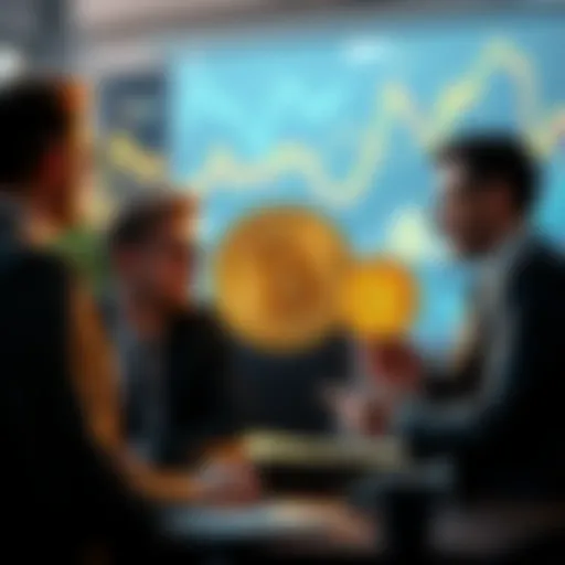 A business team discussing Bitcoin acquisition strategies with charts and graphs in the background