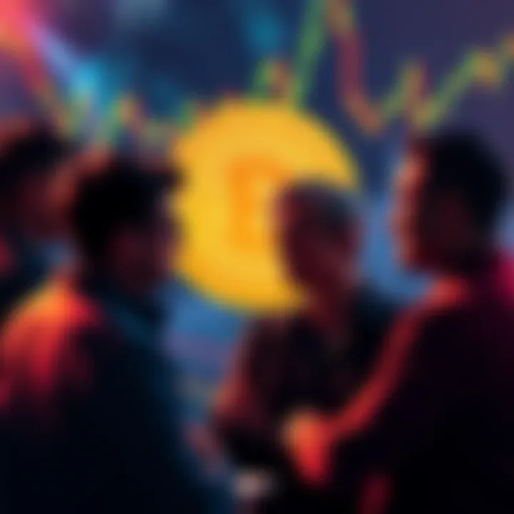 Bitcoin investment discussions A group of people sharing opinions about investing in Bitcoin with charts and graphs in the background