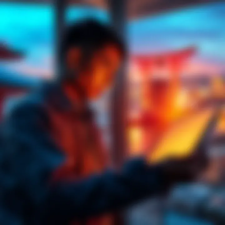 A person analyzing Bitcoin charts and travel plans for a trip to Japan