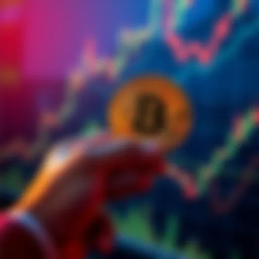 A person holding Bitcoin coins with a digital graph rising in the background.