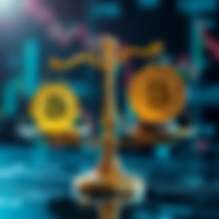 A scale balancing Bitcoin coins on one side and stocks and bonds on the other side, representing investment allocation strategies.