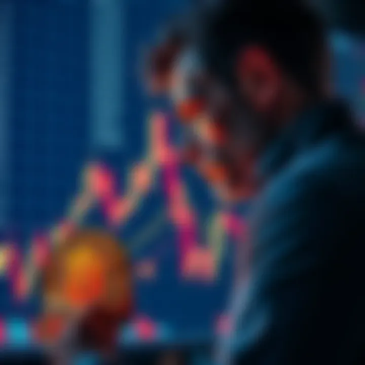 Bitcoin investor contemplating decision A dedicated investor looks at a Bitcoin chart showing red candles, reflecting on selling his investment while holding a Bitcoin symbol in hand.