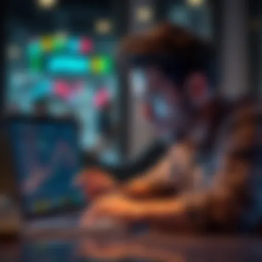 A new Bitcoin investor looking at a chart on a laptop, pondering between timing and holding strategies. They appear thoughtful as they analyze market trends.