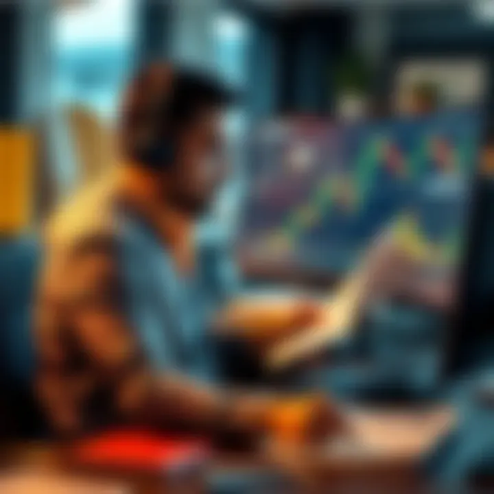 A focused Bitcoin investor sitting at a desk, analyzing charts and planning a dollar-cost averaging strategy, looking determined despite market uncertainty.