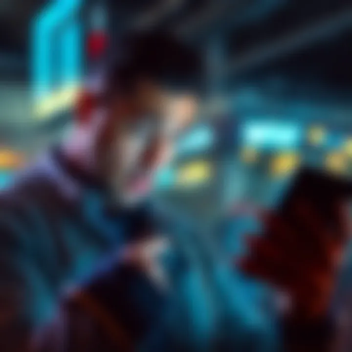 A bitcoin investor looking worried while checking a financial chart on a smartphone, reflecting on whether to sell or hold their investment during a downturn.